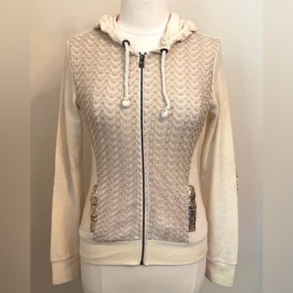 Miss Me Cream Front Crochet Sequined Zip Up Hoodie Casual Sweatshirt Size Small